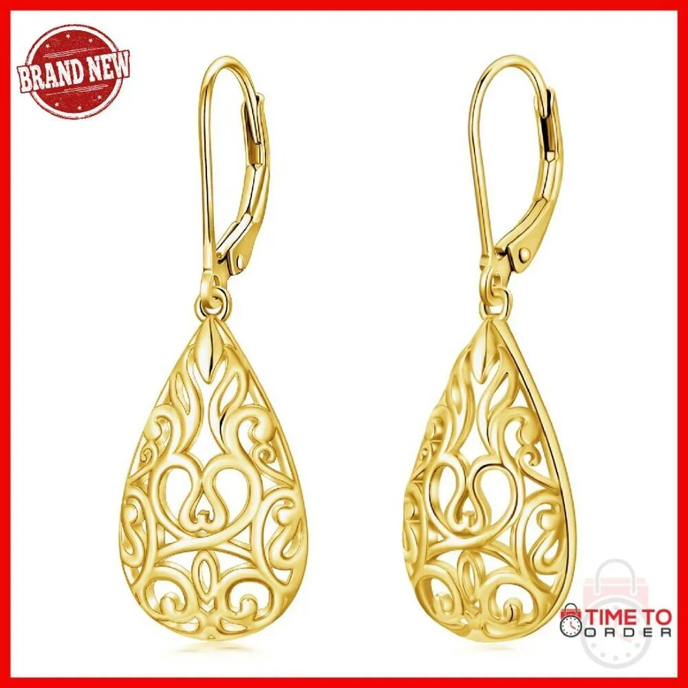 Sterling Silver Teardrop Dangle Earrings Filigree Leverback Hypoallergenic